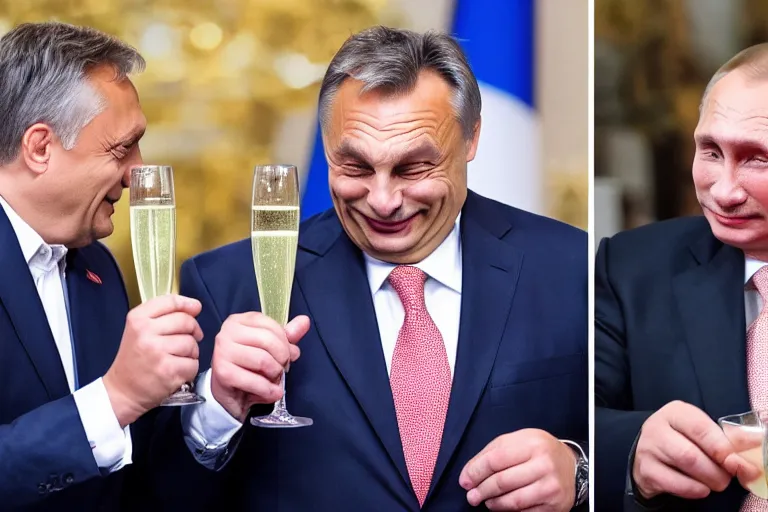 Prompt: viktor orban winking and drinking champagne with putin in front a burning city