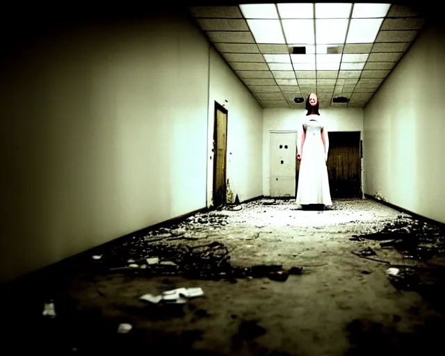 Image similar to creepy woman wearing white dress standing in the backrooms, psychological horror, the eerie forlorn atmosphere of a place that's usually bustling with people but is now abandoned and quiet, buzzing fluorescent lights above the ceiling, unsettling images, liminal space, dark