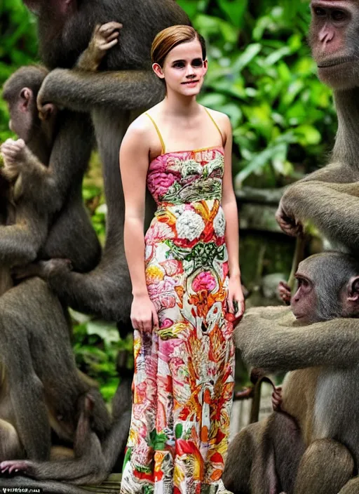 Prompt: emma watson wearing traditional kebaya bali in bali. iconic monkey place in bali. front view. instagram holiday photo shoot, perfect faces