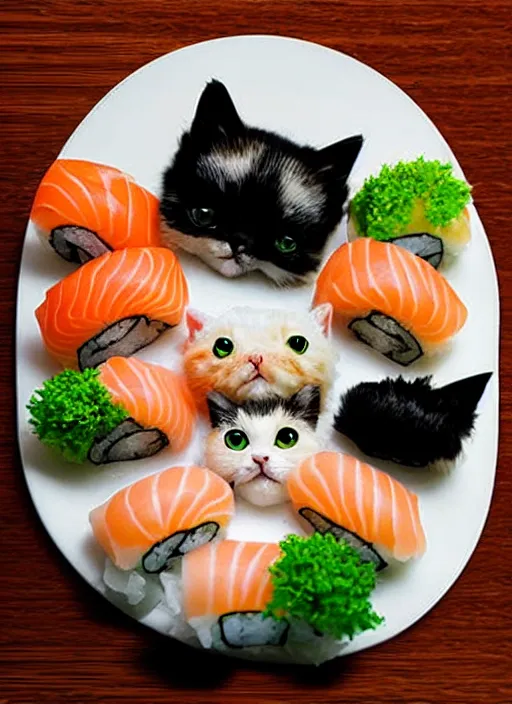 Image similar to clear photorealistic picture of adorable cats made out of sushi