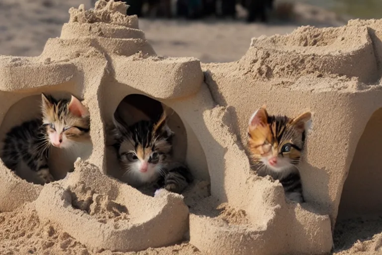 Prompt: kittens touching a sand castle