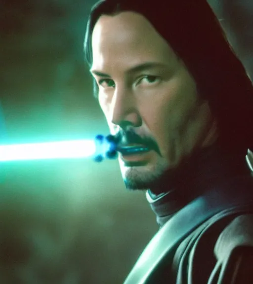 Prompt: keanu reeves as a jedi master with a blue lightsaber fighting a sith lord in an ancient bioluminescent forest, perfect symmetrical face, full moon, moody lighting, 8 k, shallow depth of field, intricate detail,