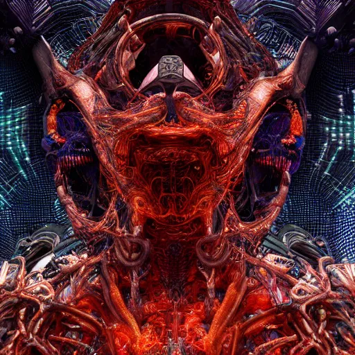 Image similar to cybernetic demon dreaming the destruction of reality with its highly networked mind, lsd, circuitry, intricate detail, royo, whealan, giger, klimt, hd, octane render, unreal engine,