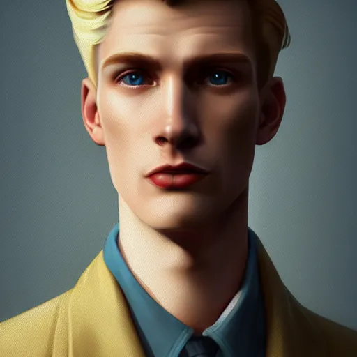 Image similar to A videogame portrait of a blond young Irish man with high cheekbones. Good bone structure. Dressed in 1940s style. Highly detailed, fine Art, high detail, great lighting, 8k resolution, masterpiece, concept art, illustration, clear eyes, painting oil on canvas, octane render, HDR, trending on artstation, 4k, 8k, HD