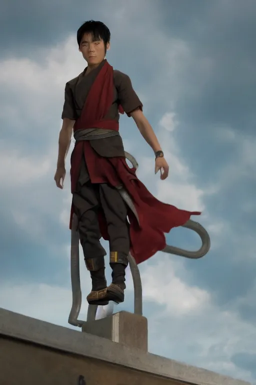 Prompt: close up still shot of young zuko from the live action movie avatar the last airbender standing on the diving board, 3 5 mm, highly detailed, dynamic lighting