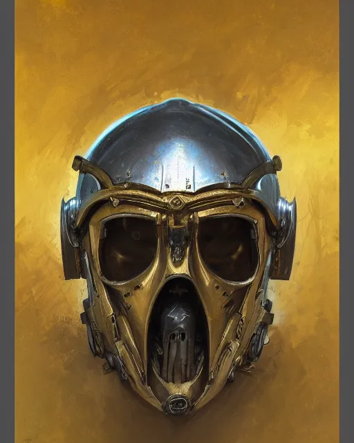 Image similar to three quarter view of a knights helmet gold skull face mask by donato giancola and greg rutkowski, vintage retro scifi, realistic face, digital art, trending on artstation