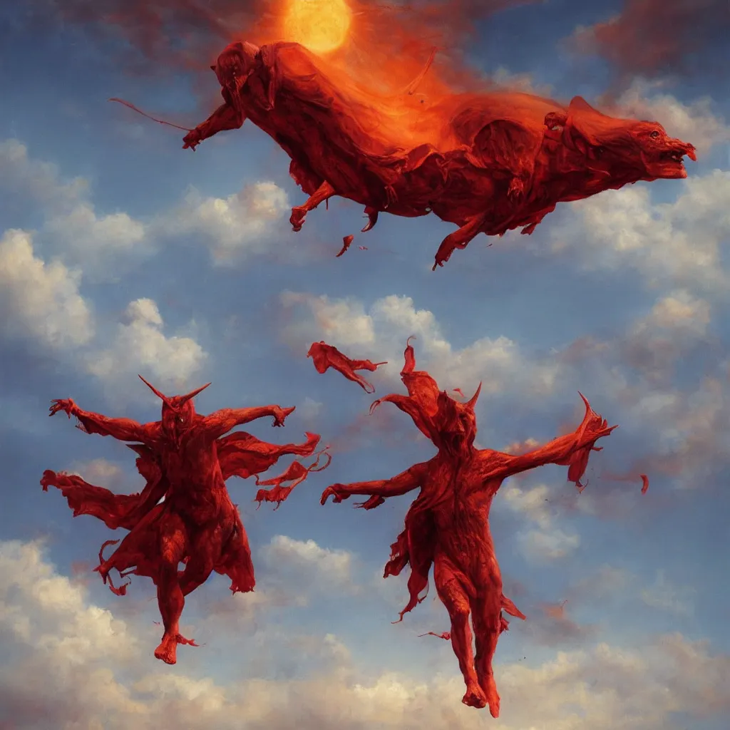 Image similar to realistic painting of a huge bloody satanic figure flying in the sky by michael whelan, ultra realistic, 8 k, streched and creepy painting. trending on, octane renderer, mesmerizing, aesthetic, beautiful