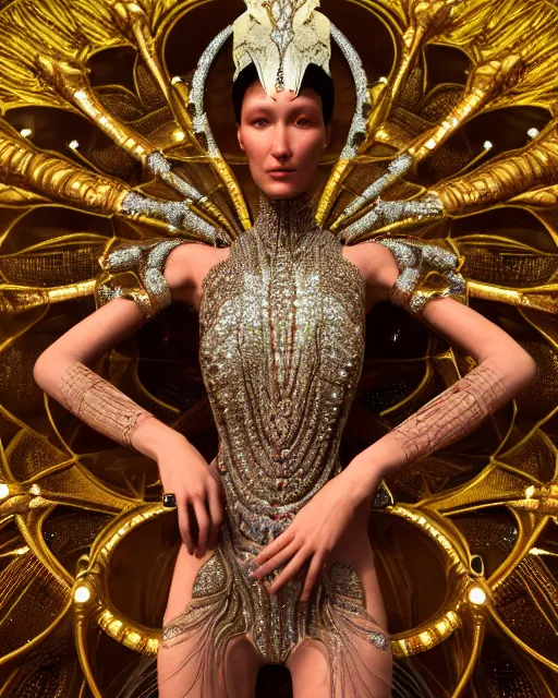 Image similar to a highly detailed metahuman 4 k close up render of an alien goddess bella hadid as goddess in iris van herpen dress schiaparelli in diamonds crystals swarovski and jewelry iridescent in style of alphonse mucha gustav klimt trending on artstation made in unreal engine 4