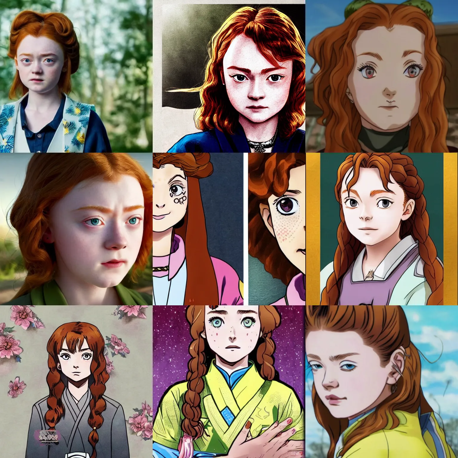 Prompt: a sadie sink portrait in the stye of jojo no kimyo na boken