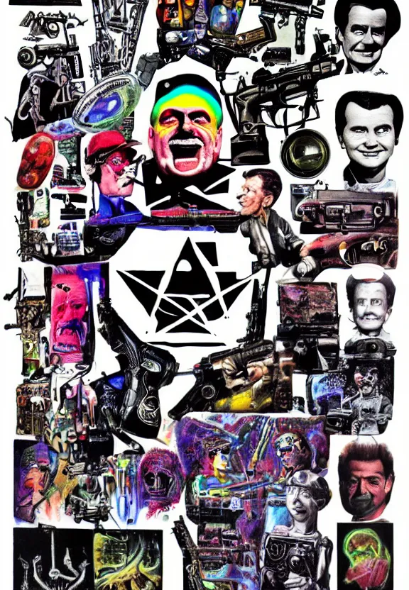 Image similar to one famous person, simple, subgenius, x - day, aliens, weird stuff, occult stuff, guns and firepower, illuminati, colorful, hyperrealism, stage lighting