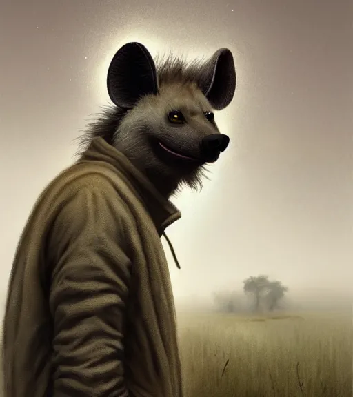 Prompt: foggy dirt road portrait of furry anthro anthropomorphic spotted hyena head animal person fursona wearing clothes horror gloomy digital art photo by Greg Rutkowski, Simon Stalenhag, christopher nolan trending on Artstation, CGSociety