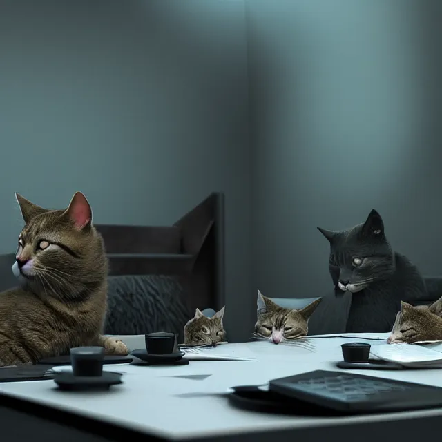 Image similar to cats in a business meeting, dark cinematic, volumetric, realistic, cinematic lighting, ray tracing, unreal engine 5, unreal engine render, octane render, hyper realistic, photo, 8 k