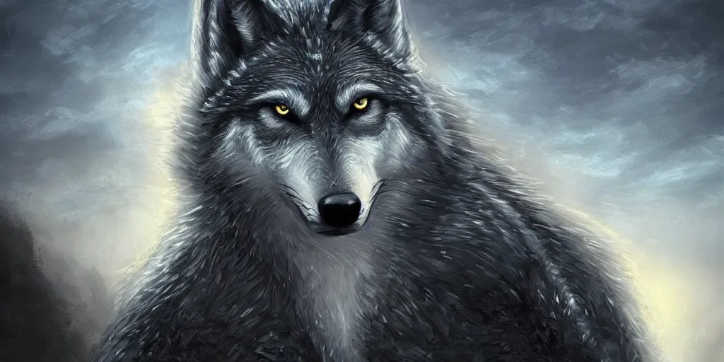 portrait of a gray wolf, water color, D&D, fantasy