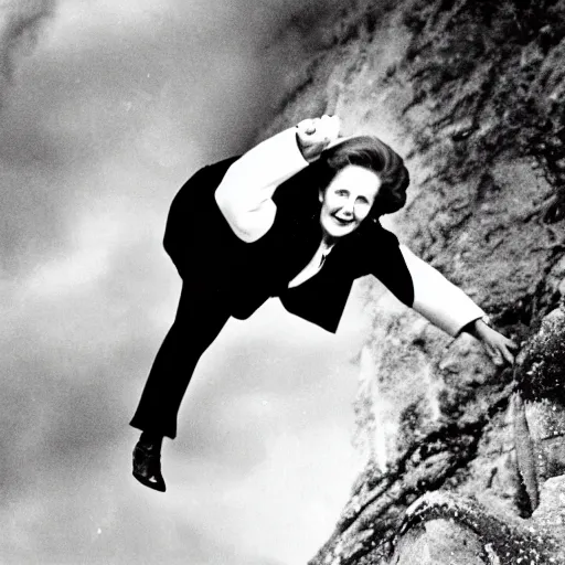 Image similar to margaret thatcher falling from a cliff