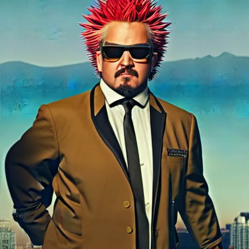 Image similar to Guy Fieri in a suit landscape by Casey Weldon, Maciej Kuciara, 8k ultra high definition, upscaled, perfect composition , golden ratio, image credit nat geo