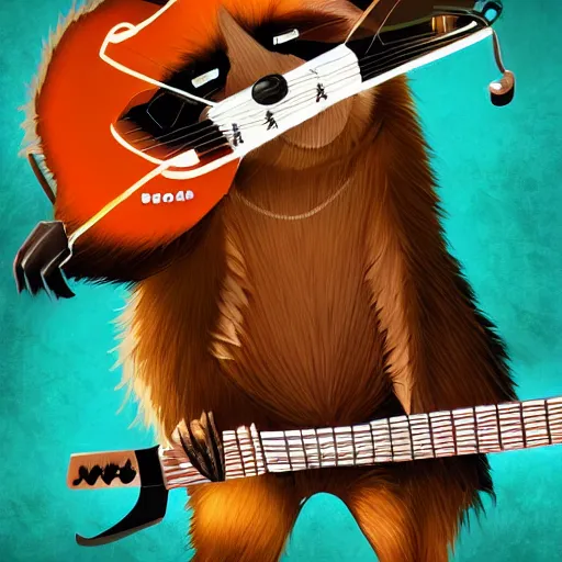 Prompt: a raccoon playing electric guitar, artstation, digital art