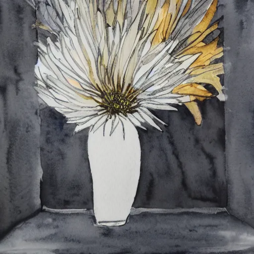 Image similar to monochrome watercolor high vase with dry flowers, background chiffon