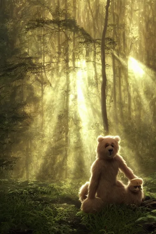 Image similar to mean fluffy teddybear protecting girl in a forest with rays of light coming through the canopy, masterpiece, dystopian, sci-fi, extremely detailed, digital painting, sculpted in zbrush, artstation, concept art, smooth, sharp focus, illustration, chiaroscuro lighting, golden ratio, incredible art, artgerm, greg rutkowski, alphonse mucha, simon stalenhag, carravaggio