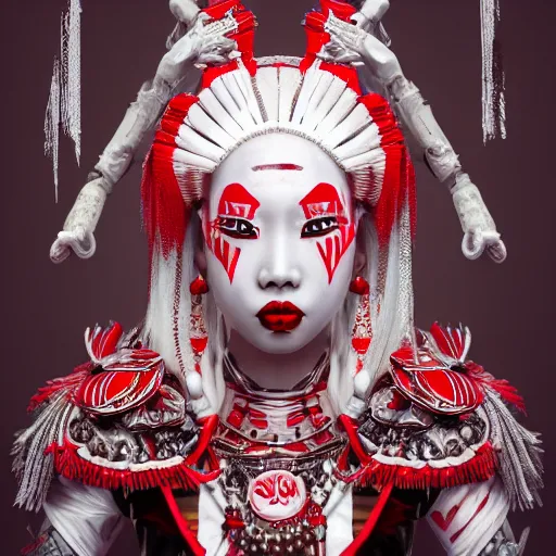 Prompt: albino maiko wearing an armor war paint, award winning photograph, 4 k, red and white neon, concept art, intricate details, highly professionally detailed, cgsociety, highly detailed -