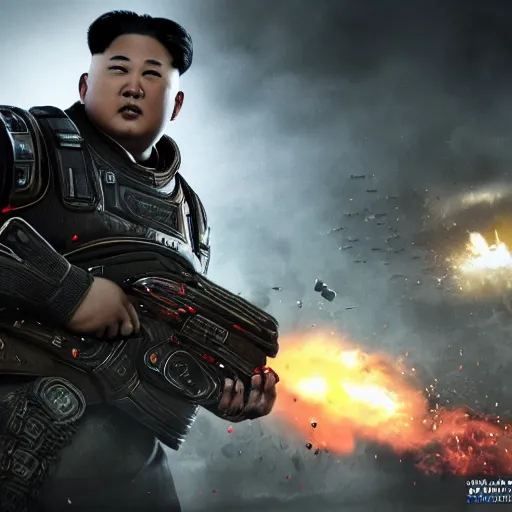 Image similar to kim - jong un in gears of war, splash art, movie still, detailed face, cinematic lighting, dramatic, octane render, long lens, shallow depth of field, bokeh, anamorphic lens flare, 8 k, hyper detailed, 3 5 mm film grain