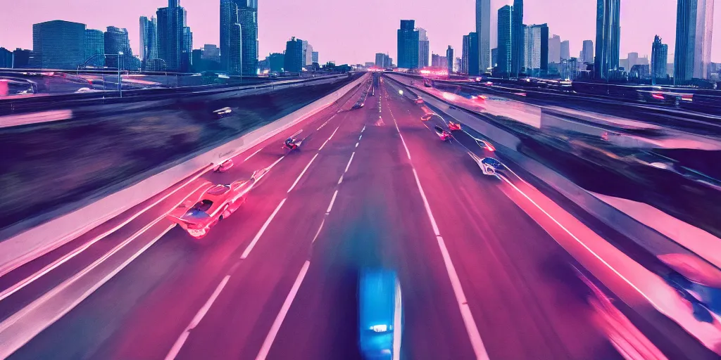 Image similar to 8 0 s neon movie still, high speed car chase on the highway with city in background, medium format color photography, 8 k resolution, movie directed by kar wai wong, hyperrealistic, photorealistic, high definition, highly detailed, tehnicolor, anamorphic lens, award - winning photography, masterpiece