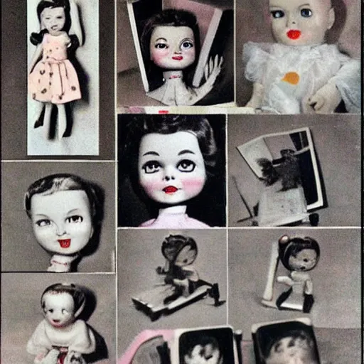 Prompt: 1 9 5 0 s, evil children toys, coming to life, doll phobia, horror, jump scare, polaroid,