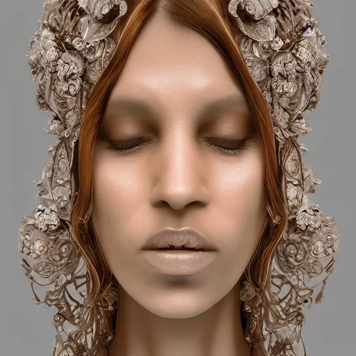 Image similar to beatifull face portrait of a woman, 150 mm, anatomical, flesh, flowers, mandelbrot fractal, facial muscles, veins, arteries, intricate, golden ratio, full frame, microscopic, elegant, highly detailed, ornate, ornament, sculpture, elegant , luxury, beautifully lit, ray trace, unreal, 3d, PBR, in the style of peter Gric , alex grey and Romero Ressendi