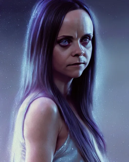 Image similar to Full body potrait of christina Ricci as an angel, hyper realistic, prismatic highlights, atmosphere, gorgeous, depth of field, cinematic, macro, concept art, 50mm, artstation, wlop, elegant, epic, weta digital, focus, octane render, v-ray, 8k, kodak portra, art by Liberatore