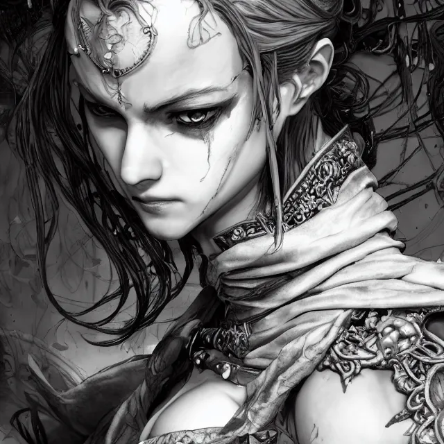 Prompt: the portrait of neutral evil fallen female dark knight vagabond as absurdly beautiful, gorgeous, bloodlust, young gravure idol, an ultrafine hyperdetailed illustration by kim jung gi, irakli nadar, intricate linework, bright colors, octopath traveler, final fantasy, unreal engine 5 highly rendered, global illumination, radiant light, detailed and intricate environment