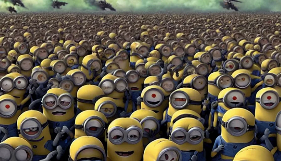 Prompt: millions of minions fighting the nazis during d - day, still from dreamworks movie