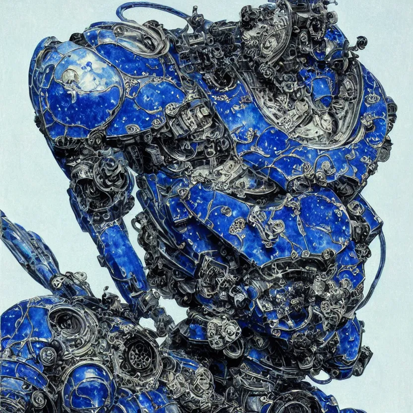 Prompt: a dark baroque close - up portrait of an ornate blue and white porcelain mecha made out of white vitrified translucent ceramic ; china. reflective detailed textures. gloomy black background. highly detailed fantasy science fiction painting by moebius, norman rockwell, frank frazetta, and syd mead. rich colors, high contrast. artstation