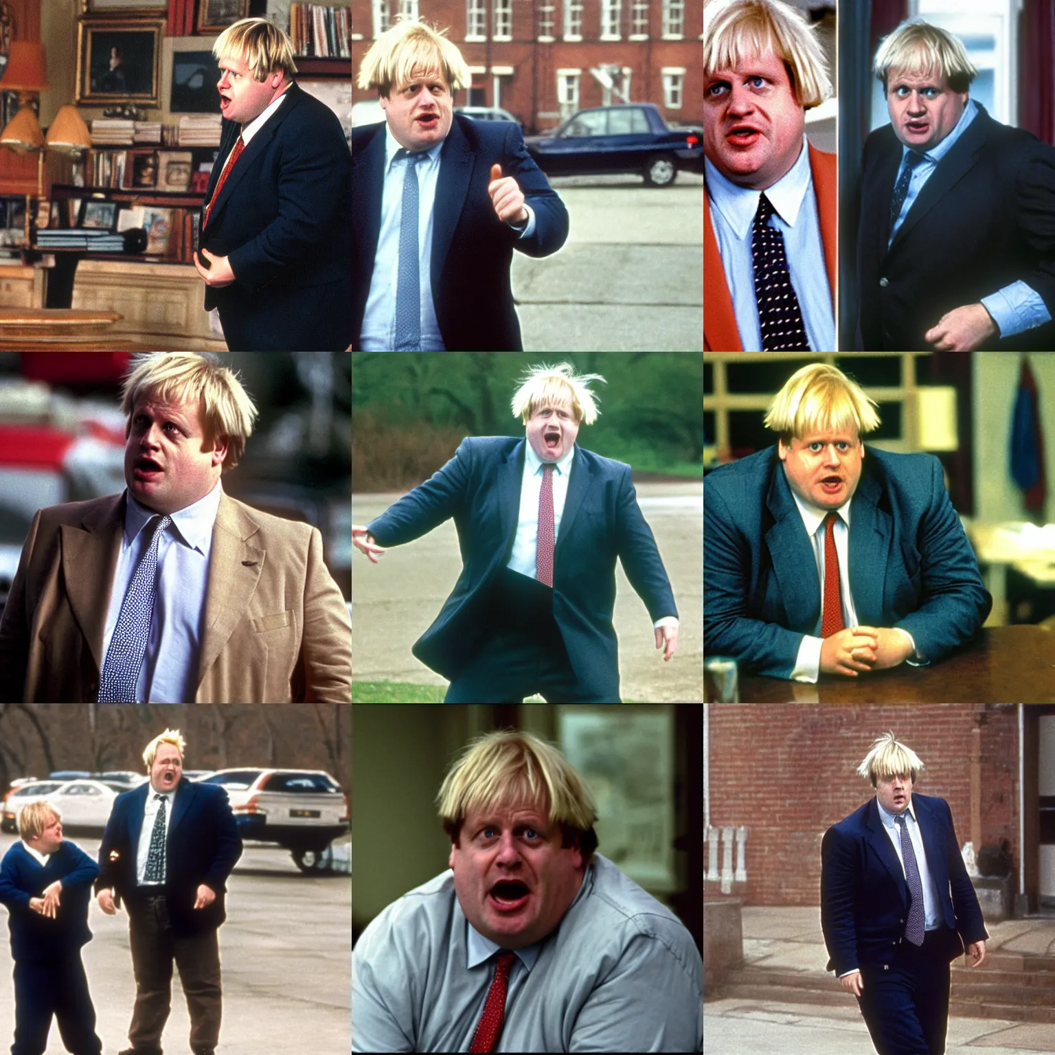 Prompt: boris johnson as chris farley in the movie tommy boy, cinematic movie still