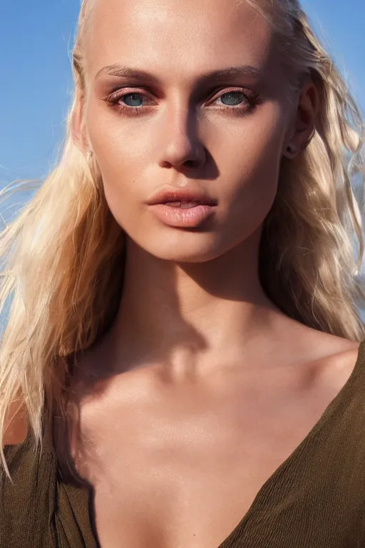 Prompt: photograph of an olive skinned blonde female model in her twenties, her hair pinned up, long lashes, wearing a designer top, looking content, focused on her neck, photo realistic, extreme detail skin, natural beauty, no filter, slr, golden hour, 8 k, high definition, selfie