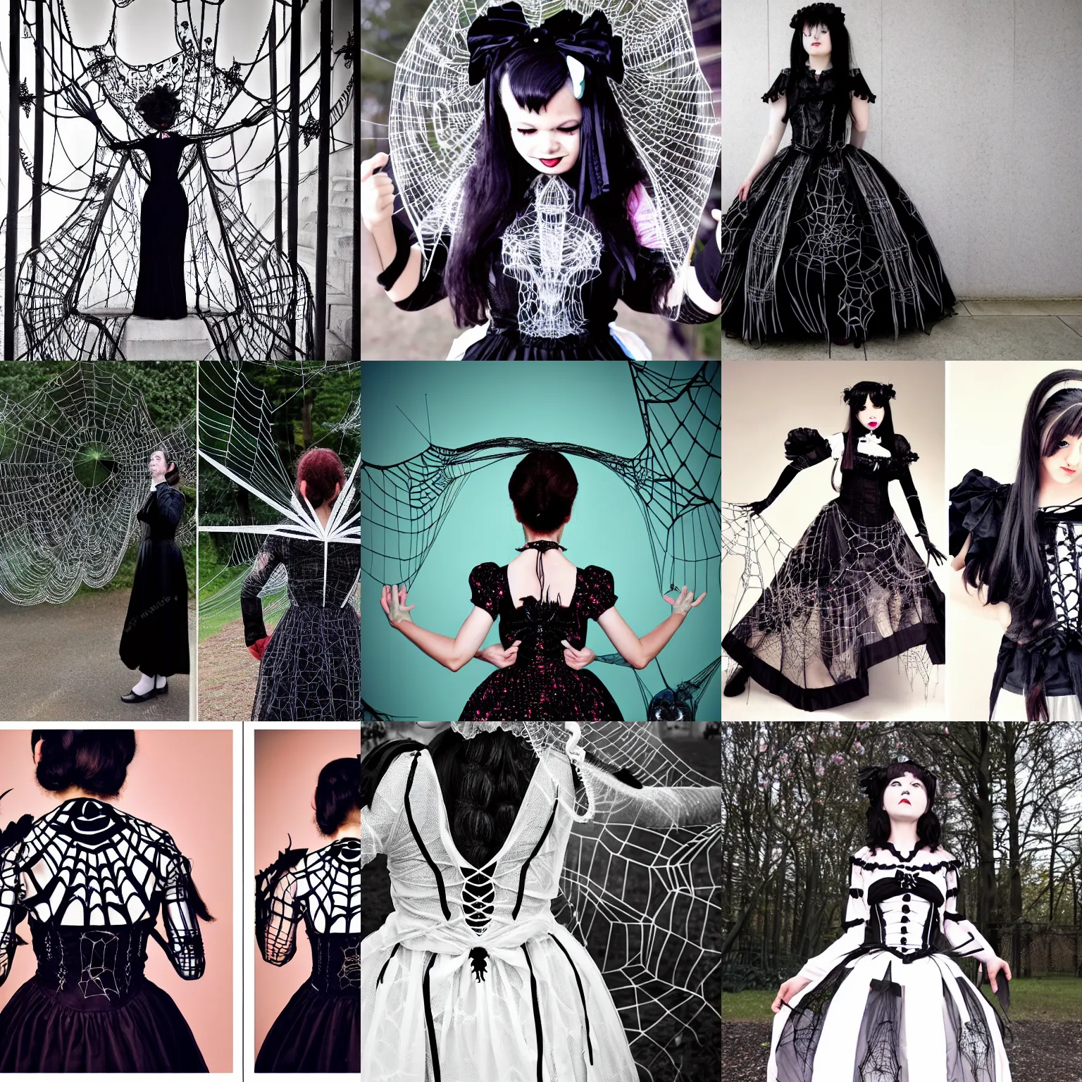 Prompt: a woman wearing a gothic lolita dress, inspired by spiders and webs, front and back, photo