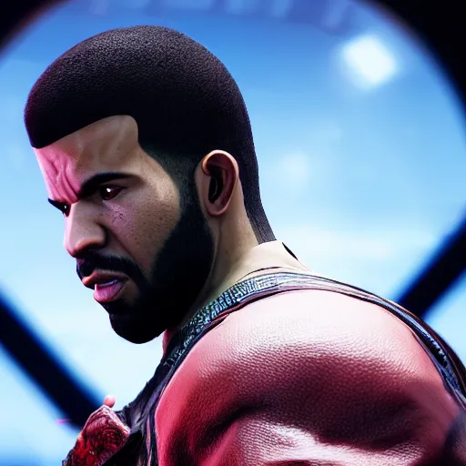 Image similar to a videogame still of Drake in Tekken 7, portrait, 40mm lens, shallow depth of field, close up, split lighting, cinematic