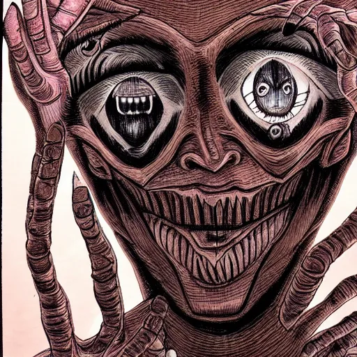 Image similar to a dark brown humanoid, hyper detailed, in the style of junji ito and and junji ito and junji ito, selfie