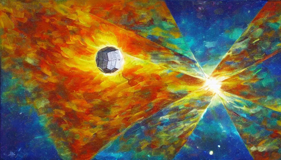 Image similar to hexagonal solar sail, floating in space blocking the sun, oil painting