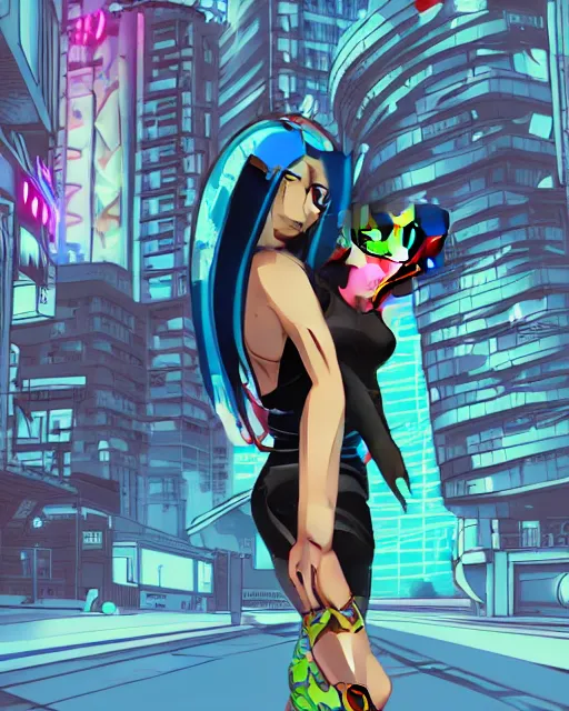 Image similar to cel shaded art of a pretty blue haired girl, jet grind radio graphics, cyberpunk city street background