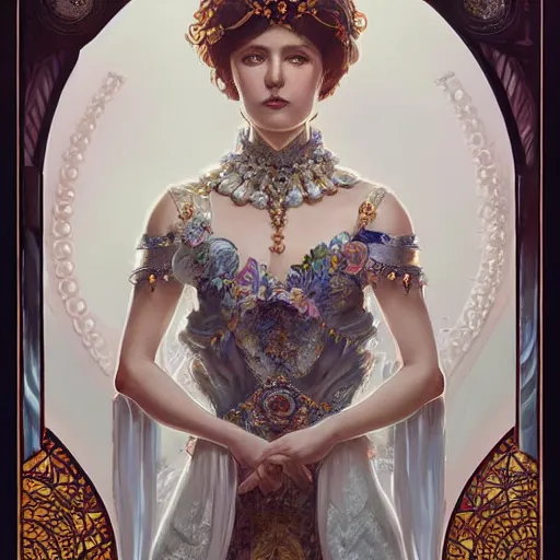 Prompt: a realistic symmetrical queen with a decorated dress made of white pearls , highly detailed, digital painting, Trending on artstation , HD quality, by artgerm and greg rutkowski and alphonse mucha, dramatic light, octane