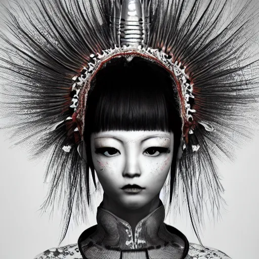 Image similar to japanese maid with extremely detailed headdress, inspired by die antwoord beautiful, hand painted textures, cloth physics, deviantart, karol bak, masamune shirow, black and white, beautiful lighting, photorealistic, concept art, perfect render, 3 d render, pixar, 8 k