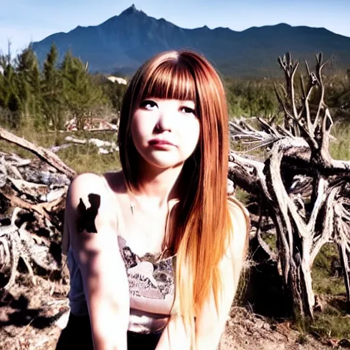 Image similar to misa amane looking away, standing near a dead tree with mountain in the background, sunset with cloudy skies, in a different realm, award winning dslr photography, clear image, global illumination, radiant lighting, intricate environment