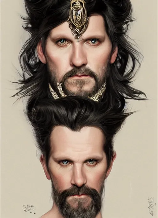 Image similar to portrait of Gavin Mcinnes, medium black hair, Nordic crown, black suit, fantasy, intricate, elegant, realistic, highly detailed, digital painting, artstation, concept art, smooth, sharp focus, illustration, art by artgerm and greg rutkowski and alphonse mucha