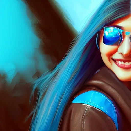 Image similar to closeup painting of a very beautiful young mexican cyberpunk woman smiling, wearing light blue shades and a leather jacket, one side haircut, long brown hair with light blue ends, portrait, hyperdetailed, artstation, cgsociety, 8 k