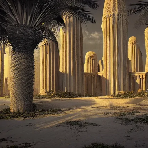 Image similar to cover concept art of the lost sand city, ruins, golden towers, golden pillars, palm trees, post-processing, in the style of Hugh Ferriss, Behance, Artgerm. High detail, ultra realistic render, octane, 3D, photorealism, symmetric, cinematic