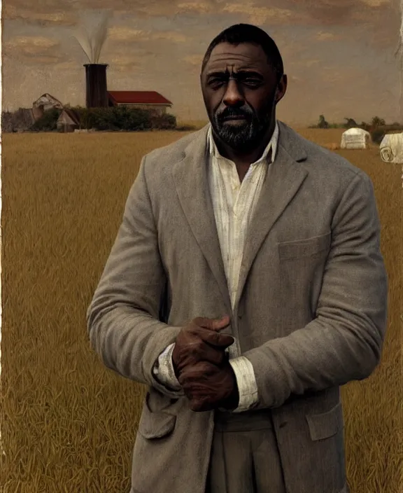 Prompt: portrait of idris elba as a kansas farmer, art by denys tsiperko and bogdan rezunenko and thomas eakins, hyperrealism