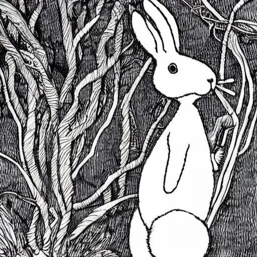 Prompt: precisely drawn, fine detailed, intense line work, drawing of a white bunny smoking a big cigarette in the deep tangled forest, by edward gorey, black ink on white paper