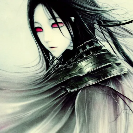 Prompt: Yoshitaka Amano blurred and dreamy illustration of an anime girl with black eyes, wavy white hair fluttering in the wind and cracks on her face wearing Elden ring armour with the cape, abstract black and white patterns on the background, noisy film grain effect, highly detailed, Renaissance oil painting, weird portrait angle
