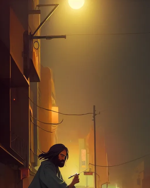 Image similar to highly detailed vfx portrait of jesus smoking a cigarette under a street light, unreal engine, greg rutkowski, loish, rhads, beeple, makoto shinkai and lois van baarle, ilya kuvshinov, rossdraws, tom bagshaw, alphonse mucha, global illumination, detailed and intricate environment