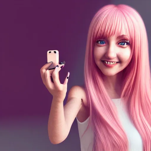 Image similar to beautiful hyperrealism selfie of nikki from shining nikki, a cute 3 d young woman smiling sofly, long light pink hair and full bangs, flushed face, small heart - shaped face, amber eyes, golden hour, 8 k, instagram