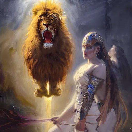 Image similar to mystical cosmic goth lion viking messenger queen, oil painting by greg rutkowski, james jean, frank crozier, ellis silas, john singer sargent, george bellows, georgia o keeffe. 4 k high - quality, emotional